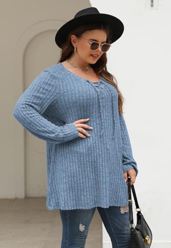 Image of Nemidor Women Plus Size Casual Tunic Top Drawstring V Neck Long Sleeve | 1X-5X plus, ribbed knit, long sweater, solid, semi-fitted flattering cut for curvy women, Fall, Winter, work, daily, dinner