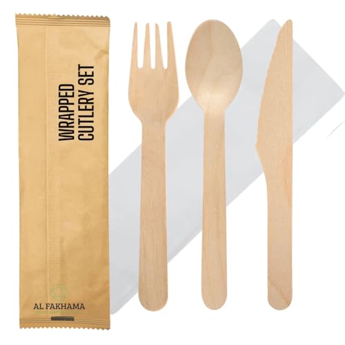50 Pcs 17 CM Eco Friendly Disposable Wooden Cutlery Set with Napkin Individually Wrapped Biodegradable Knife Fork Spoon Compostable Travel & Party Utensils Packed in Box for Protection