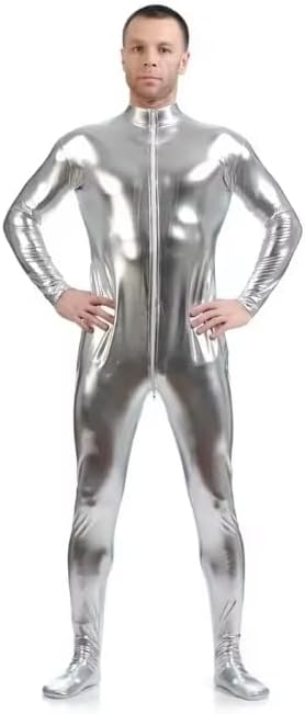 Metallic PU Jumpsuit Leather Zip Turtleneck Club Outfits Men One Piece Stretchable Clothing Bodysuit Customizable,Silver,XXL
