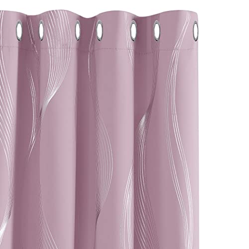 Deconovo Thermal Insulated Blackout Curtains, Wave Printed Curtains, Eyelet Blackout Curtains for Kids Bedroom, 52 x 63 Inch(Width x Length), Light Pink, 2 Panels