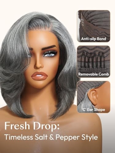 Image of Beauty Forever Salt and Pepper Layered Bob Wig Human Hair 6.5x5x1.5 Side Part Minimalist Lace Glueless Grey Wig with Face-Framing Layers Shoulder Length Outward Flip Ends Pre Cut Wear Go Wig 8inch