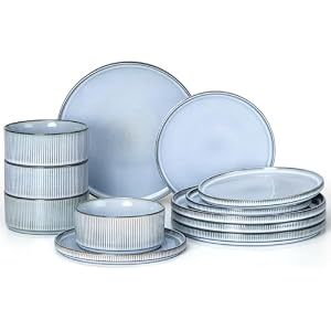 E-far 12-Piece Plates and Bowls Sets, Stoneware Dinnerware Dishes Sets for 4, Kitchen Modern Dining Dishware, Chip & Scratch Resistant, Microwave & Dishwasher Safe, Dusty Blue