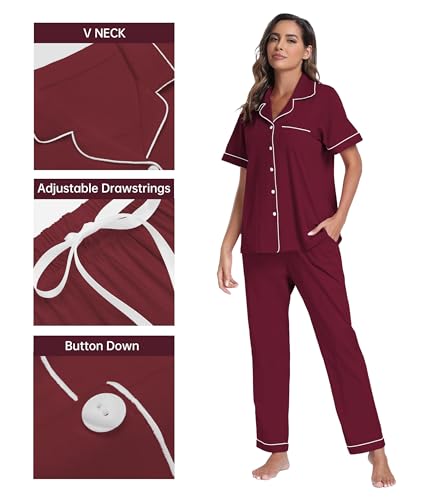 Image of CF Womens 100% Cotton Pajamas Set Button Down Pjs Sets Short Sleeve Top & Long Pants Sleepwear Comfy Loungewear with Pockets