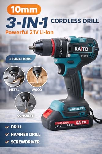 Image of KAITO 10mm Cordless Drill Machine Kit | 21V Li-ion, 2 Batteries + Charger | 2000 RPM, 3-in-1 Drill /Driver /Hammer | Metal Chuck, High Torque | Wood, Metal & Wall Drilling Tool Set