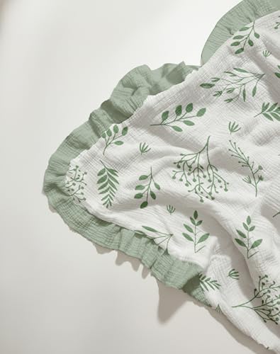 Image of Muslin Ruffled Baby Blanket, Extra Large 52 x 52 Inches, Soft Breathable Cotton Crib Blanket for Newborn Infant Toddler (Leaf C & Sage, Printed)