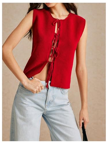 MakeMeChic Women's Tie Front Crew Neck Sweater Vest Sleeveless Plain Slim Fit Knit Tops3