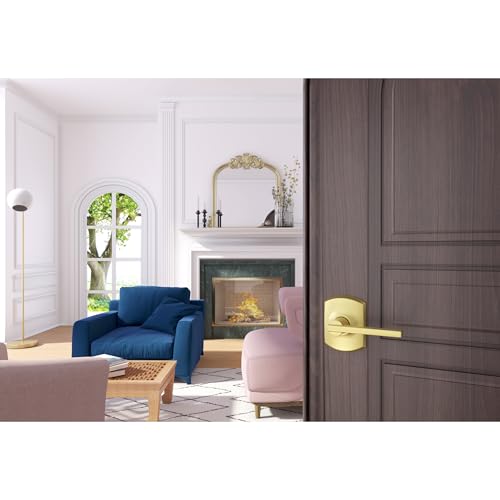 Image of Schlage Latitude Hall /Closet Passage Door Handle, Reversible, Satin Brass | Hall or closet lever door handle with no lock, Easy to install, Certified durability, Universal fit