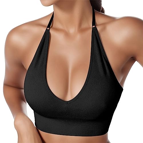 Sujetador Deportivo Mujer Sujetador sin Espalda Sexy Halter Sujetador con Relleno Confort Soporte de Impacto Medio para Yoga Fitness Correr