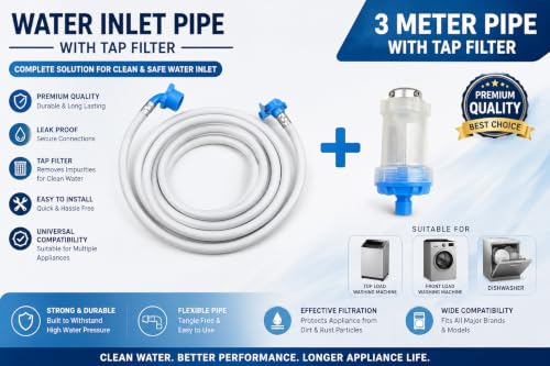 Image of Sanavya Washing Machine Inlet Pipe with Tap Filter Adapter All Brands Top Load, Front Load & Dishwasher | 3 Meter Fully Automatic Washing Machine Pipe + Tap Filter