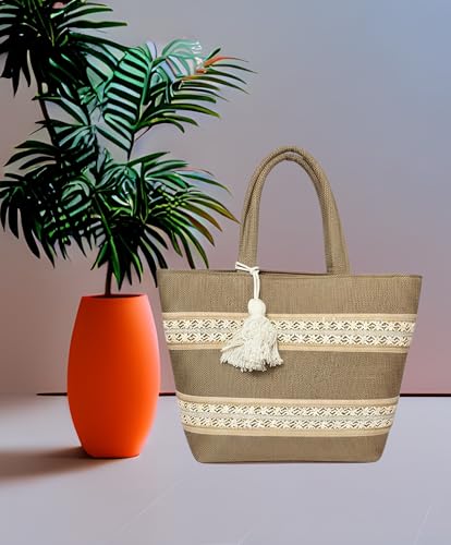 Image of Babbotty Jute Stylish Tote Bags for Women Big Size with Zip Multiple Compartments Inner Pocket Ladies Purse Handbags Girls Shoulder Hobo Bag for Office College Daily Use & Travel