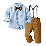Moyikiss Studio Toddler Dress Suit Baby Boys Gentleman Clothes Sets Bow Ties Shirts + Suspenders Pants Outfits(Blue,130/6 Years)