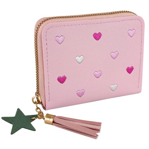 Carteira Feminina com Bordado de Corações - Zíper Dourado e Pingente Estrela com Tassel, Porta-Cartões Compacto e Versátil para Dia a Dia e Viagens