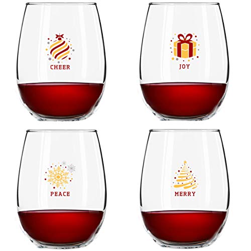 DU VINO Christmas Stemless Wine Glasses (4-Piece Set)- Colorful, Cheerful Holiday Party Cups- Elegant, Trendy Fun - Red, Silver and Gold Décor feat- Merry, Peace, Cheer, and Joy