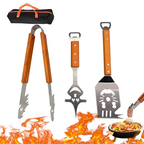 Extra Long BBQ Tools Set, 3-Piece Stainless Steel Grill Utensils with Wooden Handles & Carry Bag – Spatula, Tongs & Fork, Safe Outdoor Barbecue Accessories, Perfect BBQ Gifts for Men & Grill Lovers
