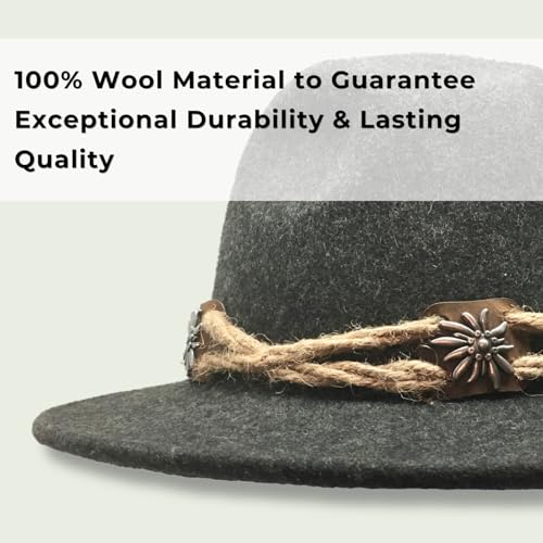 Image of German Oktoberfest Hat - 100% Wool Alpine Tyrolean Fedora with Edelweiss Pin & Rope - Charcoal Bavarian Hat for Men & Women