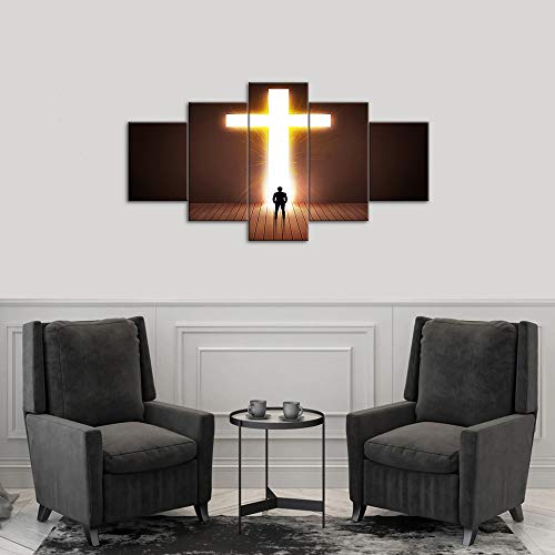 Large Christian Crosses Cross Wall Art Christ Poster Canvas Prints Home Decor For Bedroom Living Room Pictures Decals 5 Panel Hd Printed Painting Artwork Framed Ready To Hang (50"Wx24"H, Artwork-11) #TOP5