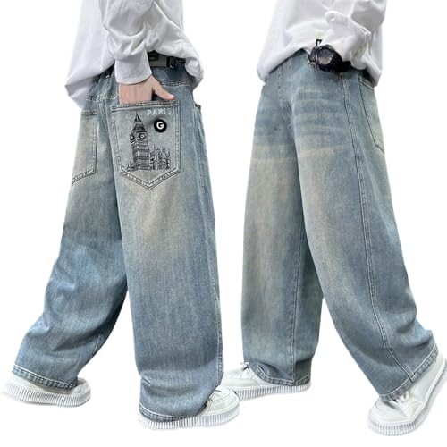 Tween Boys Straight Leg Jeans Elastic Waistband Loose Denim Pants with Building Pattern for Kids Clothes Boys