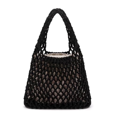Image of Naimo Straw Beach Bag Woven Rattan Shoulder Bag Fishing Net Handbag Cotton Rope Tote Summer Crochet Hobo Bag