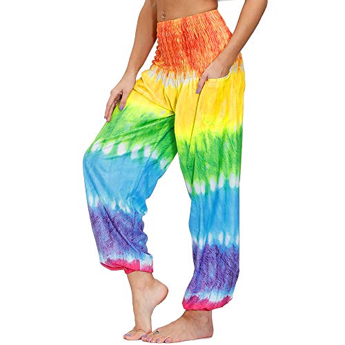 Nuofengkudu Harem Baggy Trousers for Women UK with Pockets Hippie Boho Patterned Vintage Elasticated High Waist Comy Relaxed Casual Lounge Yoga Pants Walking Summer Beach Holiday,Tie-Dyed D