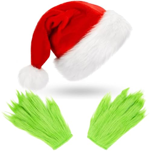 SHIFANQI Green Furry Monster Gloves and Santa Hat Set, Funny Green Halloween Christmas Gloves, Santa Furry Hand Gloves and Santa Hat Christmas Costume Cosplay Props Accessories for Adult