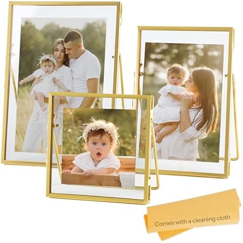 Jajamy Set of 3 Glass Pressed Flowers Frame Collection, 4"x4", 4"x6", 5"x7" Gold Metal Floating Standing Glass Picture Frames, Tabletop Pressed Glass Artwork Frame Home Decor Photo Display Cover
