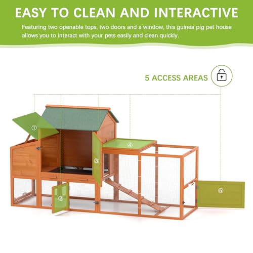 Image of COZIWOW 82 inch Large Wooden Chicken Coop, Outdoor Rabbit Hutch with Wheels, Sunshine Board, Asphalt Roof, Ramp, Openable Top, Door, Window, Pull-Out Tray, Indoor Bunny Cage (Orange with Pattern)