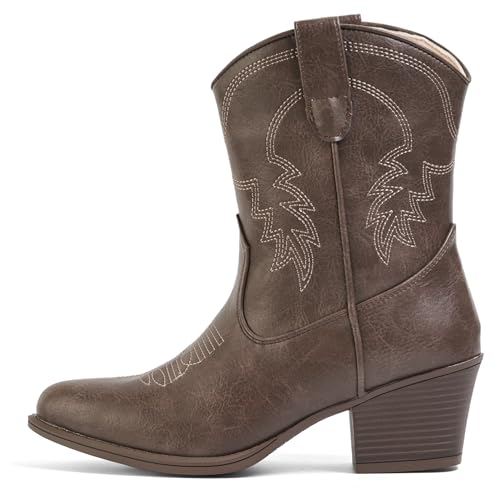 Image of IXU Cowboy Boots for Women Ankle Cowgirl Booties Wide Mid Calf Pointed Toe Western Boots Short Chunky Classic Booties