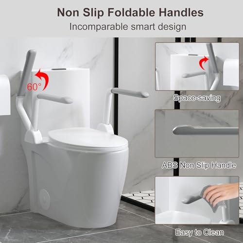 Inodoro de una pieza con asideros plegables integrados, altura ADA de 17 pulgadas para adultos mayores y personas con discapacidad, capacidad de 480 lb, asideros de acero al carbono, sistema de doble descarga Tornado de 1,1/1,6 GPF, sifón de 12 pulgadas miniatura 5