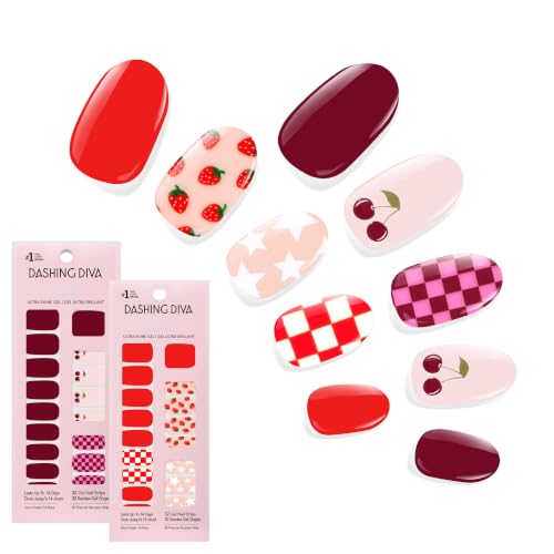 Dashing Diva Gloss Nail Strips Bundle - The Fruit Punch Collection - Cha Cha Cherry & Cuter at the Cape - UV Free Chip Resistant Long Lasting Gel Stickers - Contains 2 Sets