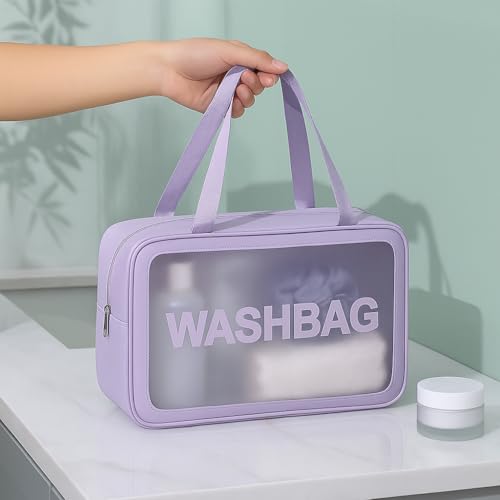 Image of Gritty Wash Bag Pouch for Travel Kit Toiletry Bag Cosmetic Bag Make Up Box for Brushes, Accessories with Handle, Large Capacity Translucent Waterproof Travel Storage Organizer Set of 3(Purple)