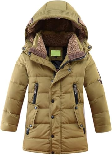 Chaqueta de plumón con capucha ligera impermeable y de invierno para niños de longitud media ajustada cálida y resistente al viento para exteriores. (Caqui,140 cm)