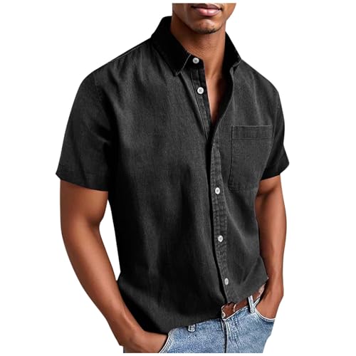 Mens Lapel Button Down Shirts Solid Color Short Sleeve Loose Blouses Summer Fall Casual Tops with Pockets 2025