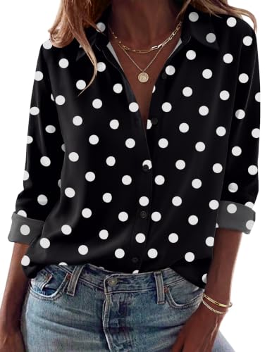Zeagoo Womens Summer Tops Long Sleeve Button Down Shirts Polka Dot Blouses | V Neck Collared Blouse, 2026 Fall Fashion Clothes, Black White Polka Dot Tops