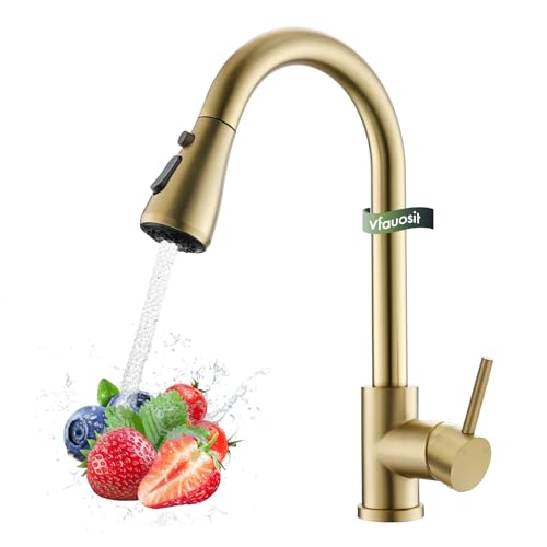 Gold Kitchen Faucet, Brass Kitchen Faucet with Pull Down Sprayer,