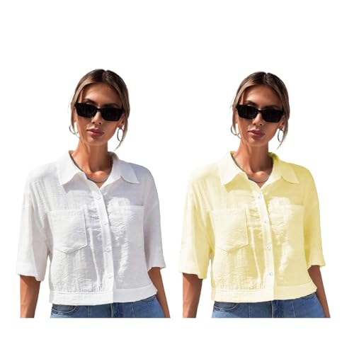 Image of TOPLOT V-Collar Solid Crop Shirt for Women with Half Sleeves, Polyester, Regular Fit