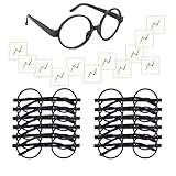 zhihui Zaubererbrille mit rundem Gestell ohne Gläser und Blitz-Tattoos für Kinder, Brillen Kunststoff Brillen Kostüm Zubehör Halloween St Patrick Tag Kostüm Party, je 12 Stück, schwarz