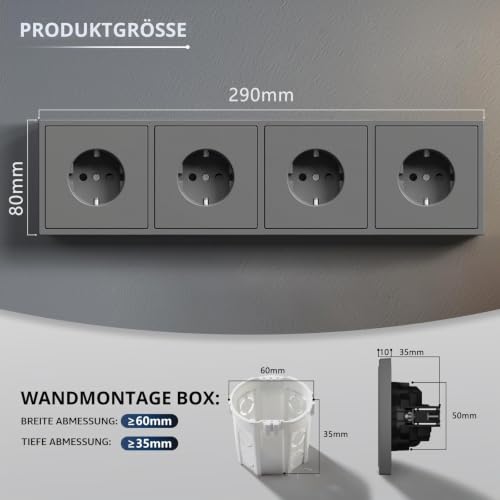 BSEED Schuko Mehrfachsteckdose Unterputz, Wandsteckdose 16Amp mit PC Rahmen, Vierfach Steckdose mit Krallen, 4 Fach Grau – Ansicht 2