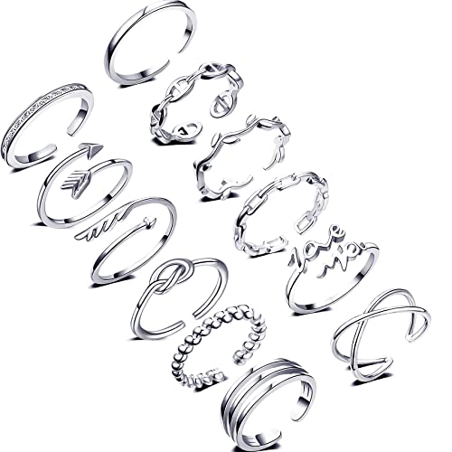 Honsny 12PCS Silver Plated Rings Adjustable Open Rings for Women Cute Stackable Thumb Rings Joint Chain Midi FingerArrow Knot Wave Band Rings Set