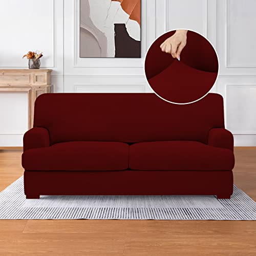 Molasofa T Cushion Loveseat Slipcover With 2 Individual T Cushion Shape Seat Covers For Home Décor,3 Pieces Stretchable Washable Non-Pilling Non-Slip Love Seat Covers Covers(Loveseat,Burgundy) #TOP1