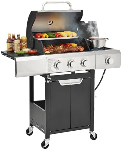 EUHOME 40,500 BTU 3-Burner Propane Gas Grill with Side Burner,Stainless Steel Outdoor BBQ Grill Portable with Wheels and Cast Iron Grates for Patio Garden Barbecue Cooking