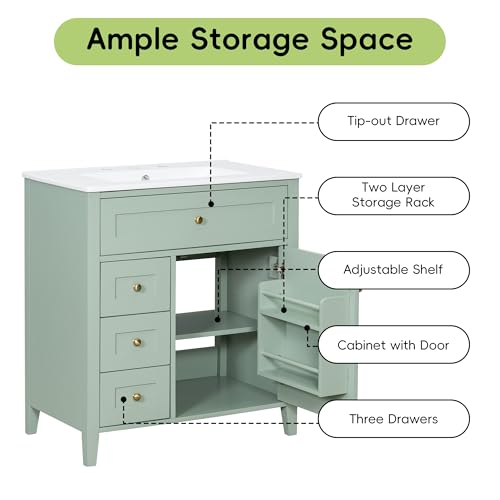 Image of 30 inch Bathroom Vanities with Top Set, Cabinet with Multi-Functional Tip-Out Drawer and Adjustable Shelf, Soft-Closing Door, Solid Wood Legs, Green