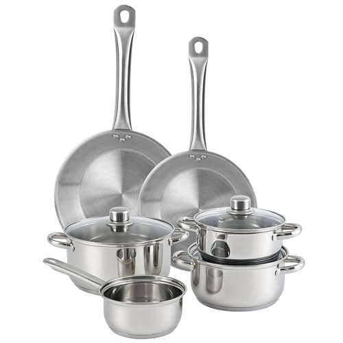 Well Home 7-Piece Cookware Set and Frying Pans in Stainless Steel Ø20 and Ø24 x 5cm, Suitable for Induction and Non-Stick