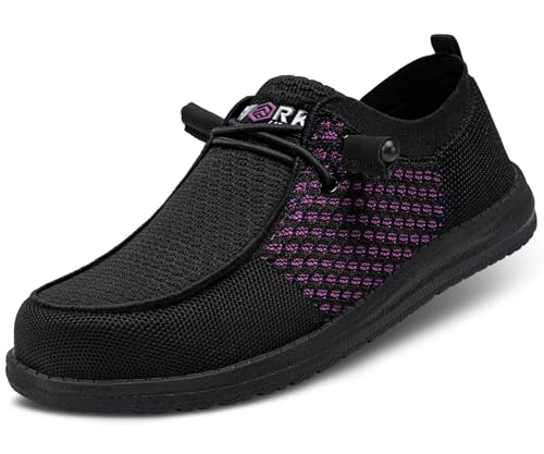 LARNMERN Slip On Steel Toe Loafers Women Work Safety Shoes Lightweight Comfortable Walking Sneakers(7 Women, Black Purple)