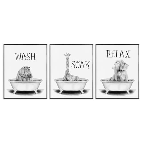 Image of Jungle Animals Bathroom Signage, 11 x 14 Inch Framed Giclee Print Set | Stupell Industries . By Rachel Nieman . Ready to hang . Great for bath and laundry . Made in USA
