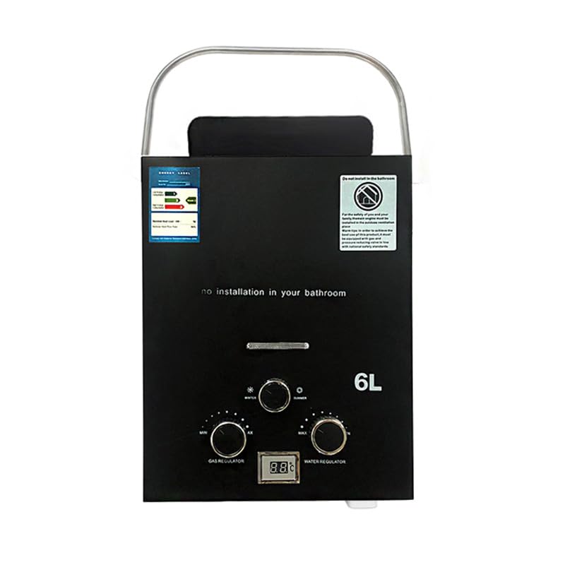 Chauffe-eau à gaz,6 L/min Instantané Chauffe Bain à Gaz Propane ou Butane,chaudière instantanée à GPL avec poignée pour camping-car, camping, douche, lavage cheval (6L-Noir)