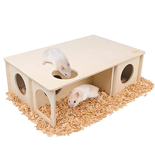 YKD Natural Wood Multi Chamber Hamster House, Small Animals Hideout House, Hamster Explore Tunnel Maze Toys for Hamster Mice Gerbils Mouse Syrian Hamsters (Large)