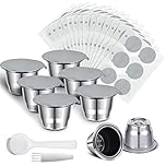 Didaey Reusable Espresso Capsules Stainless Steel Refillable Coffee Pods Reusable Espresso Pods with Aluminum Foil Seals Stickers Lids Compatible with Nespresso Machines (6 Cups, 204 Lids)