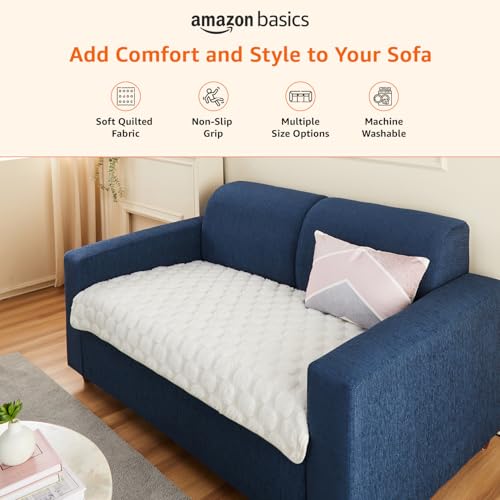 Image of Amazon Basics Quilted Sofa Cover for Two Seater, Playful Polka Dots, Non-Slip Sofa Pad, 70x120 cm, Soft Silicone Grip Dots, 100% Polyester, Machine Washable - Off-White