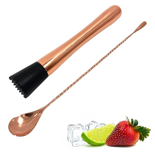 Chabrias Ltd Copper Muddler & Collison Bar Spoon Bar Muddler, Twisted Spoon, Fruit Masher, Stainless Steel Copper Finish, Cocktail Accessories & Tools