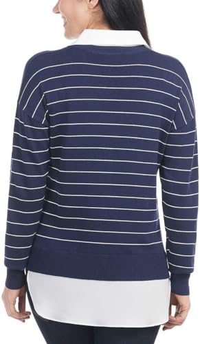 Image of Hilary Radley Women's V-Neck Pullover 2-Fer Sweater (US, Alpha, Medium, Regular, Regular, Blue)
